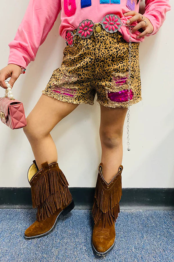 Kids Leopard prints & sequin patches girls denim shorts