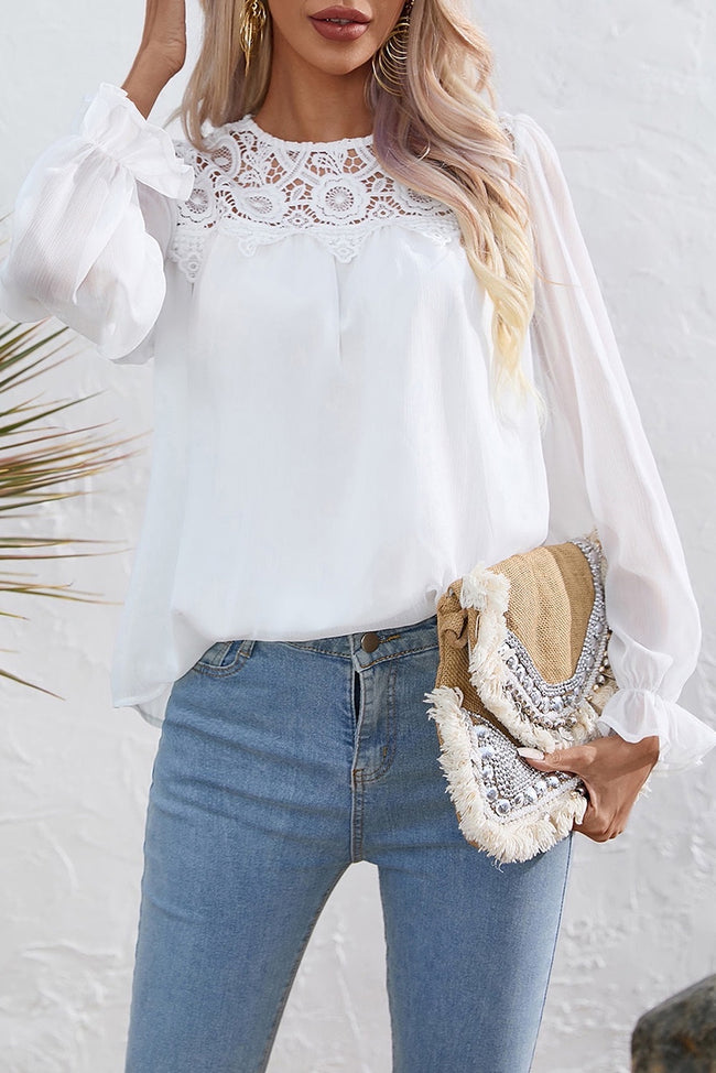 White Lace patch sheet lined flounce sleeve blouse