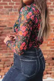 Rose Slim Fit Floral Mesh Long Sleeve Mock Neck Top