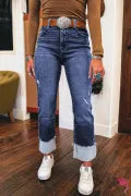 Real Teal Folded Cuffs Distressed Straight High Waist Jeans