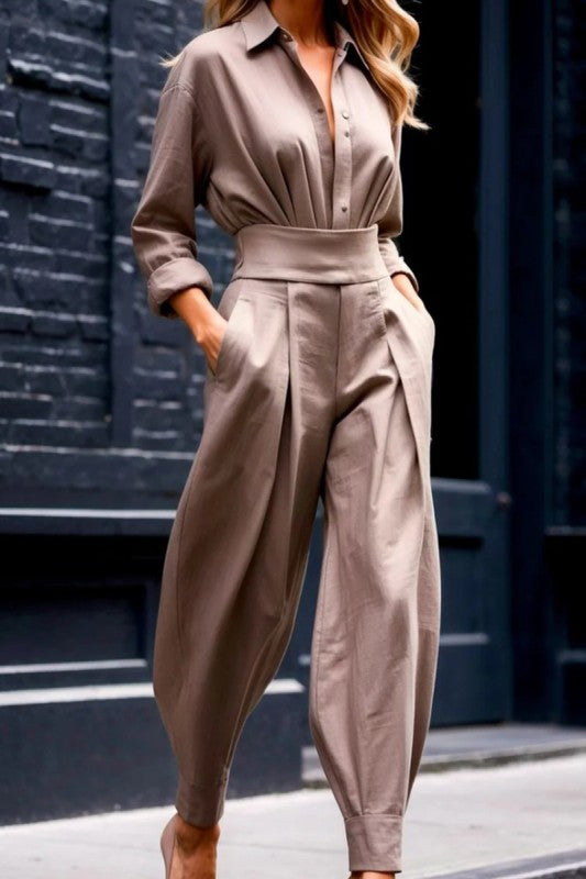 High-waisted Pleated Shirt Pants Set