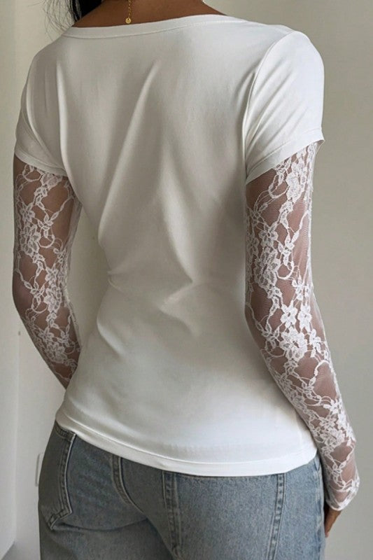 Lace Sleeve Floral T-Shirt