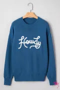 Dusk Blue Howdy Embroidered Graphic Western Sweater