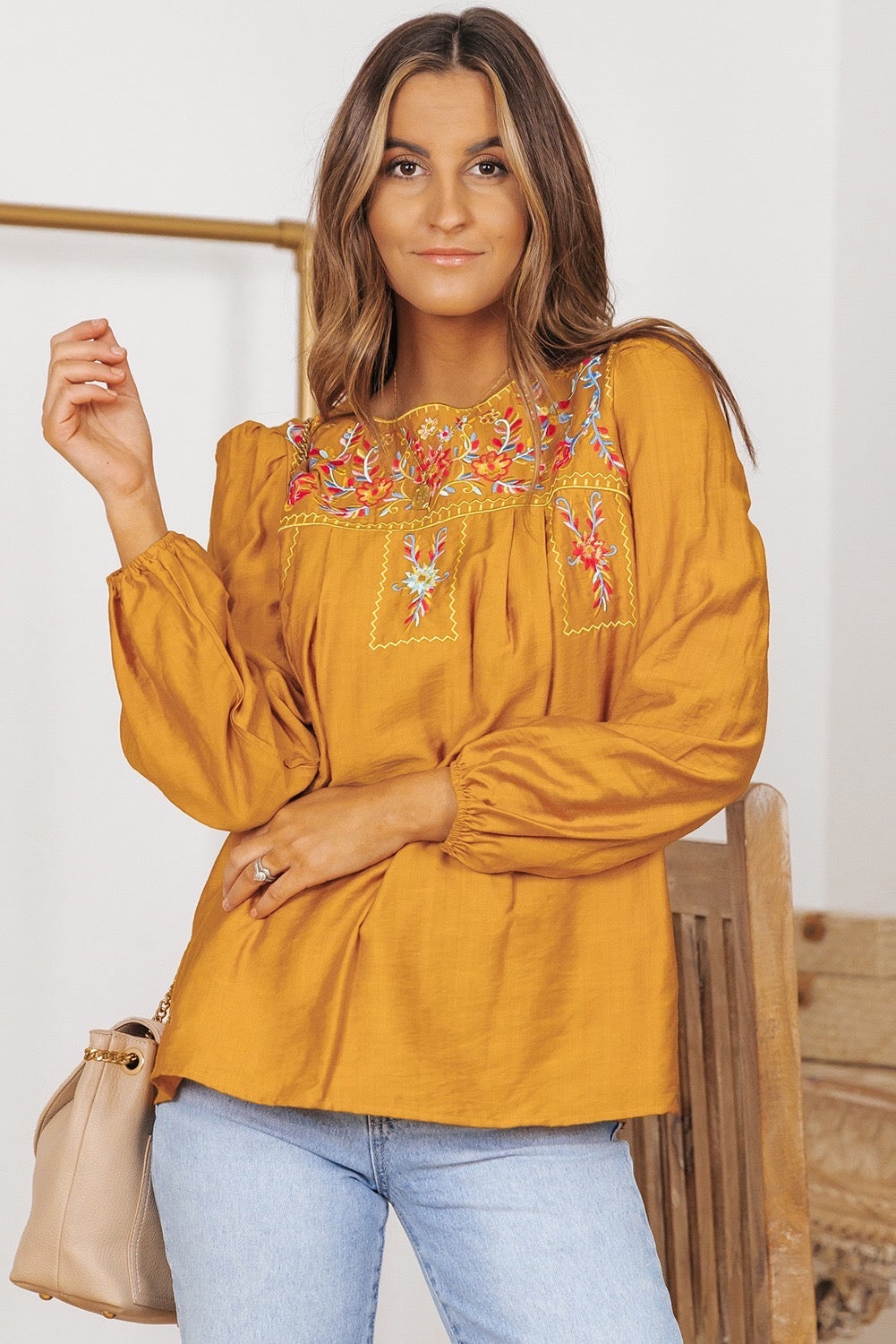 Orange Embroidered Bubble Sleeve Top