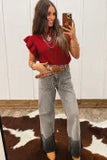 Jet Stream Cable Knit Turtleneck Ruffled Short Sleeve Sweater