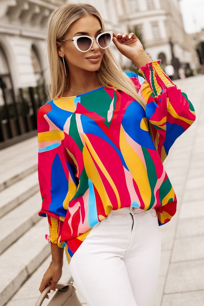 Multicolor Abstract Print Smocked Puff Sleeve Blouse