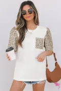 White Leopard Patchwork Crochet Lace Trim Puff Sleeve T-Shirt