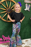 2pc multi color leopard bell bottoms with black blouse
