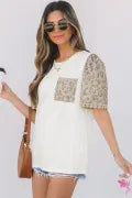 White Leopard Patchwork Crochet Lace Trim Puff Sleeve T-Shirt