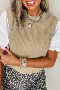 Light French Beige Round Neck Knit Contrast Short Sleeve Patchwork Sweater Top