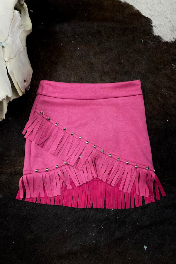 Girls pink asymmetrical skirt w/ fringe hem