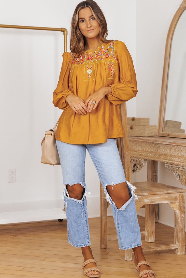 Orange Embroidered Bubble Sleeve Top