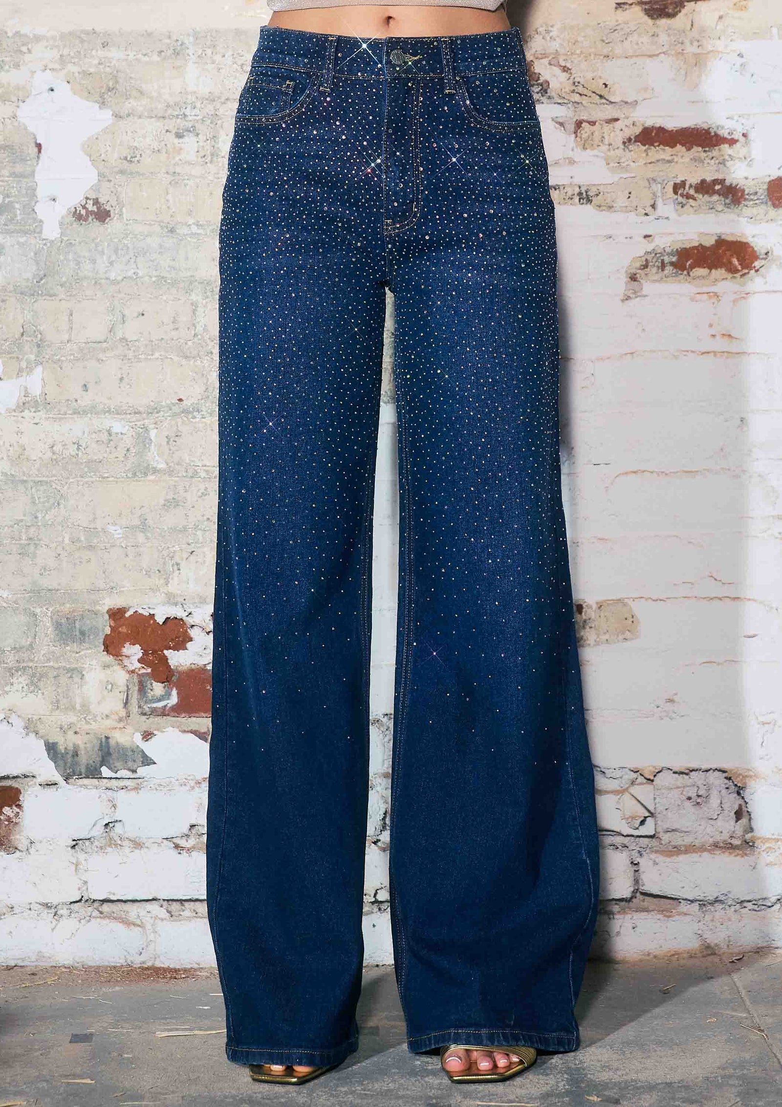 Iridescent Rhinestone High-Rise Wide Leg Jeans