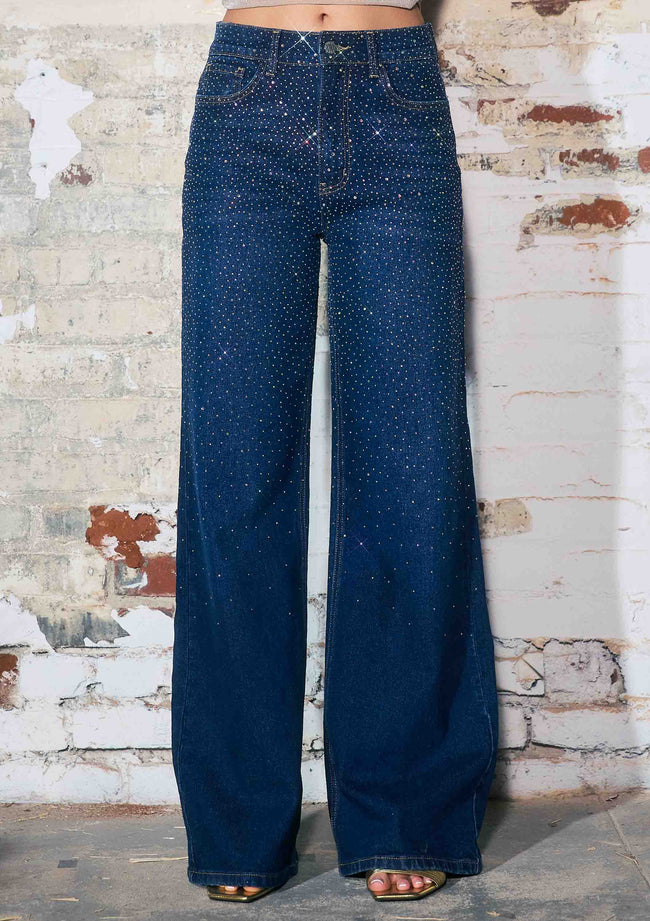 Iridescent Rhinestone High-Rise Wide Leg Jeans