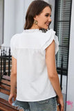 White Ruffle Accent Flutter Sleeve Notch Neck Top