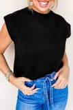 Black Solid Color Crew Neck Knit Cap Sleeve Sweater