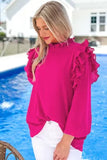 Rose Button Keyhole Back Pleated Ruffle Trim Blouse