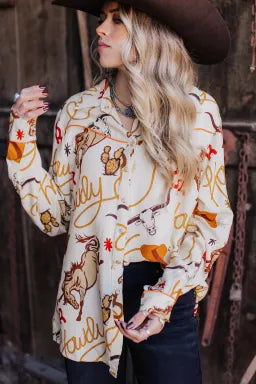 Beige Howdy Western Patterns Button Up Loose Shirt