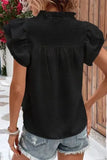 Black Ruffle Accent Flutter Sleeve Notch Neck Top