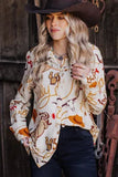 Beige Howdy Western Patterns Button Up Loose Shirt