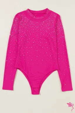 Rose Rhinestone Mesh Long Sleeve Bodysuit