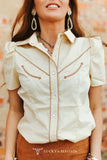 Butter Contrast Arrow Pearl Snap Puff Sleeve Top