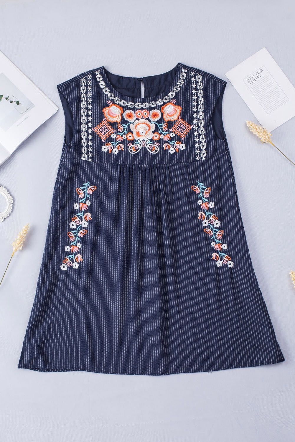Blue striped embroidered dress