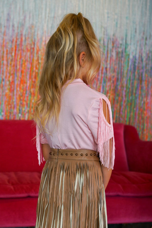 Girls Camel studded fringe skirt