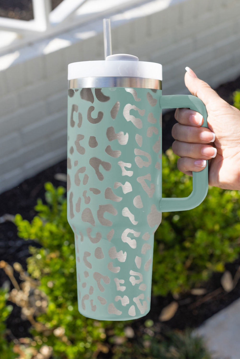 Green Leopard Print 40 oz Stainless Steel with handle