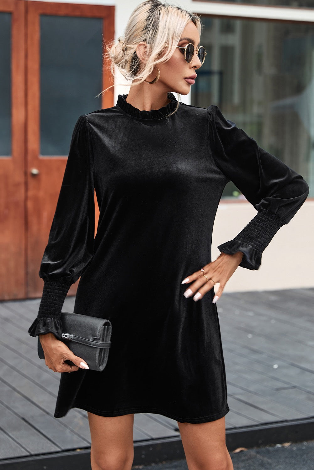 Black Velvet Frill Neck Long Sleeve Shift Dress D'vine Designs Black Velvet Frill Neck Long Sleeve Shift Dress D'vine Designs