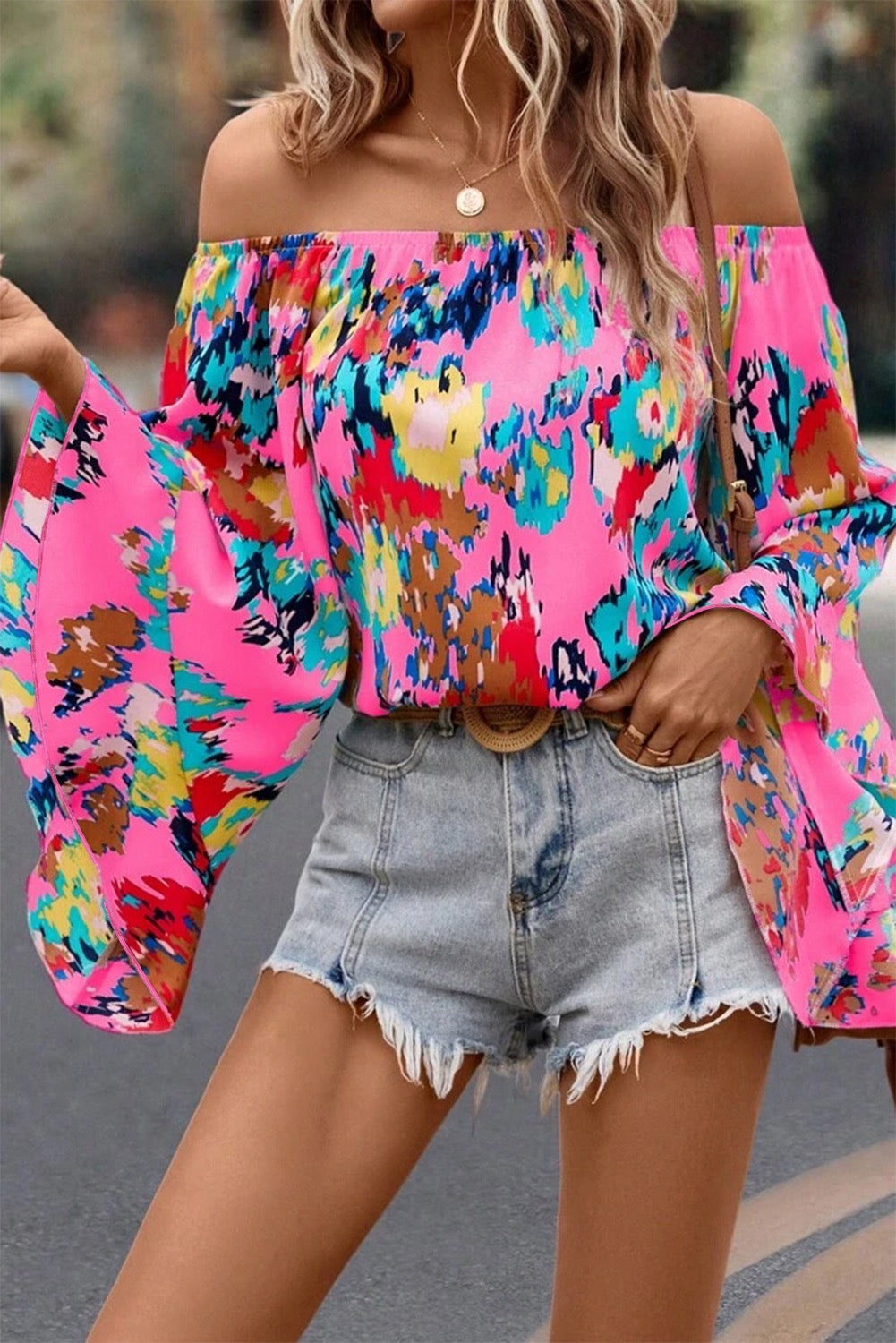 Rose Abstract Floral Print Off-shoulder bell sleeve blouse
