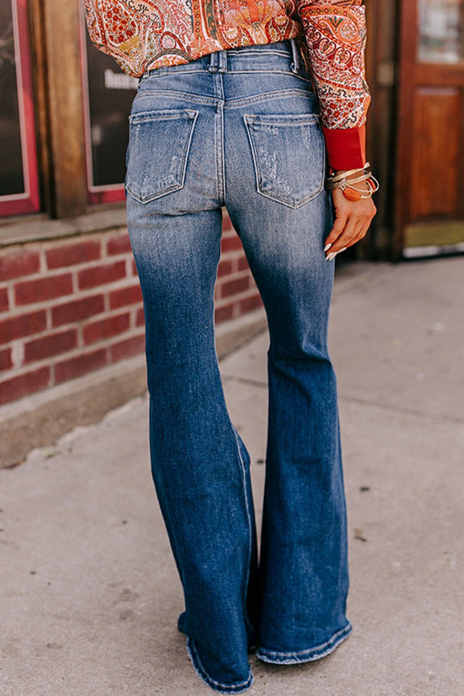 Sky Blue  Button Fly Ripped High Waisted Flare Jean