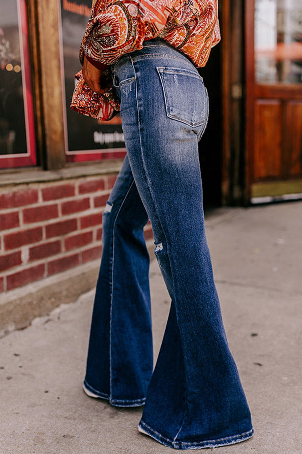 Sky Blue  Button Fly Ripped High Waisted Flare Jean