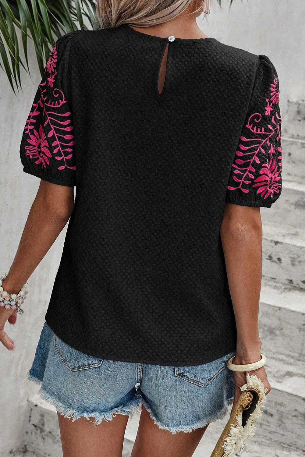 Black Floral Embroidered Textured Puff Sleeve TShirt
