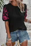 Black Floral Embroidered Textured Puff Sleeve TShirt