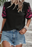 Black Floral Embroidered Textured Puff Sleeve TShirt