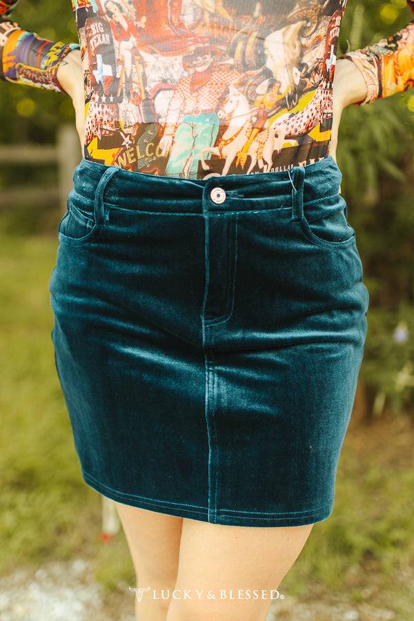 Teal Velvet Pencil Skirt