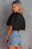 Black Scalloped Eyelet Sleeve Ribbed Knit Top