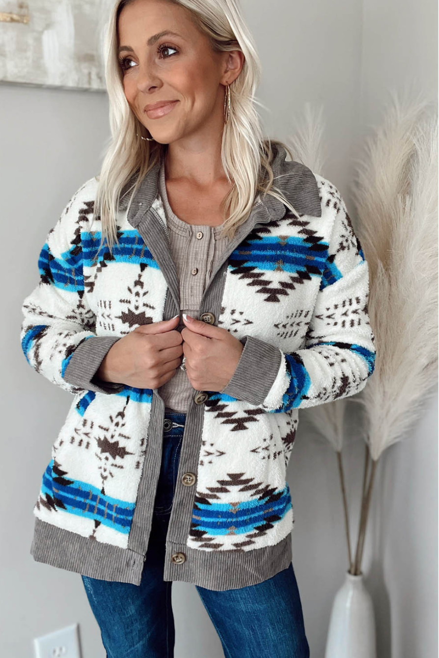 White Western Sherpa Textured Trim Jacket