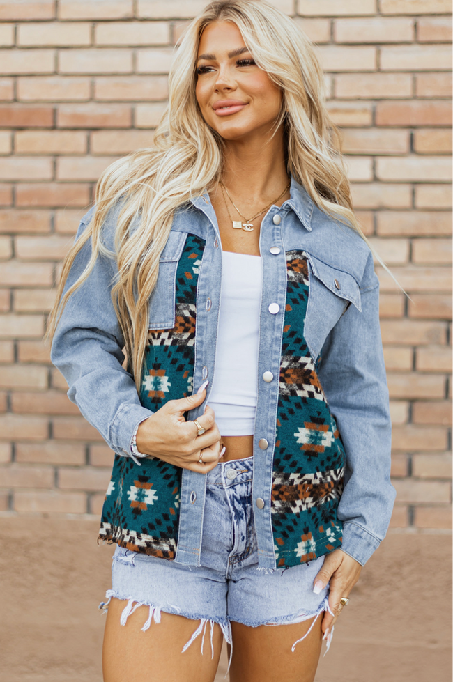 Blue Aztec Printed Denim Jacket