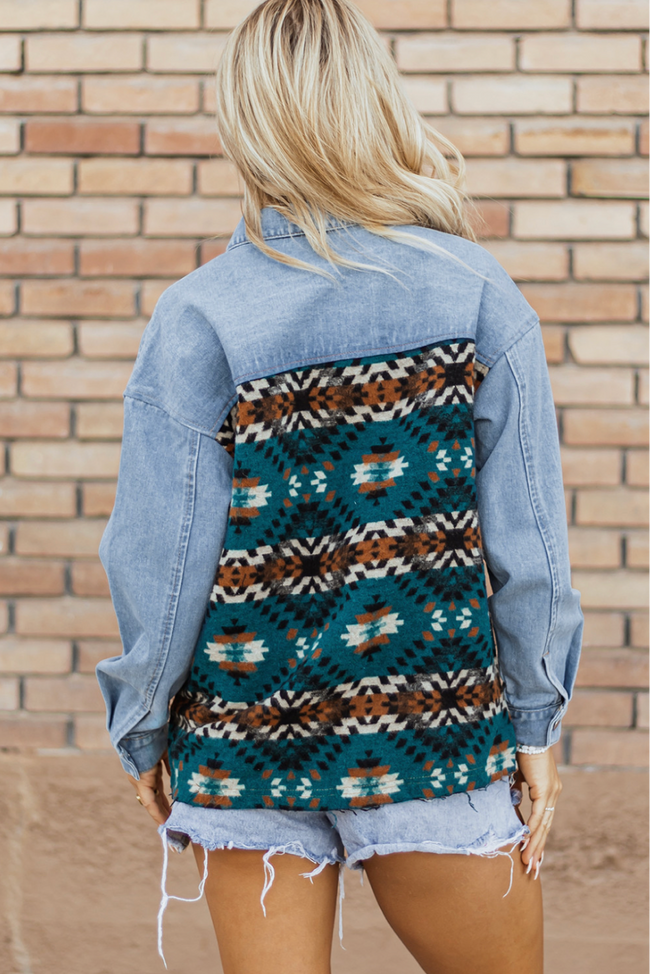 Blue Aztec Printed Denim Jacket