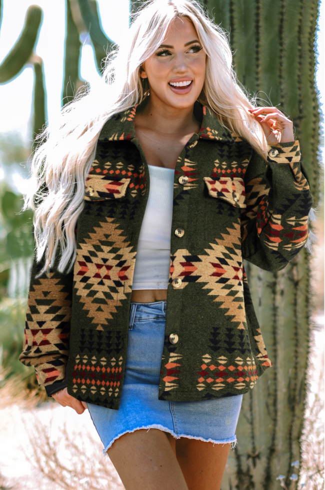 Green Aztec Print Flap Pockets Long Sleeve Shacket