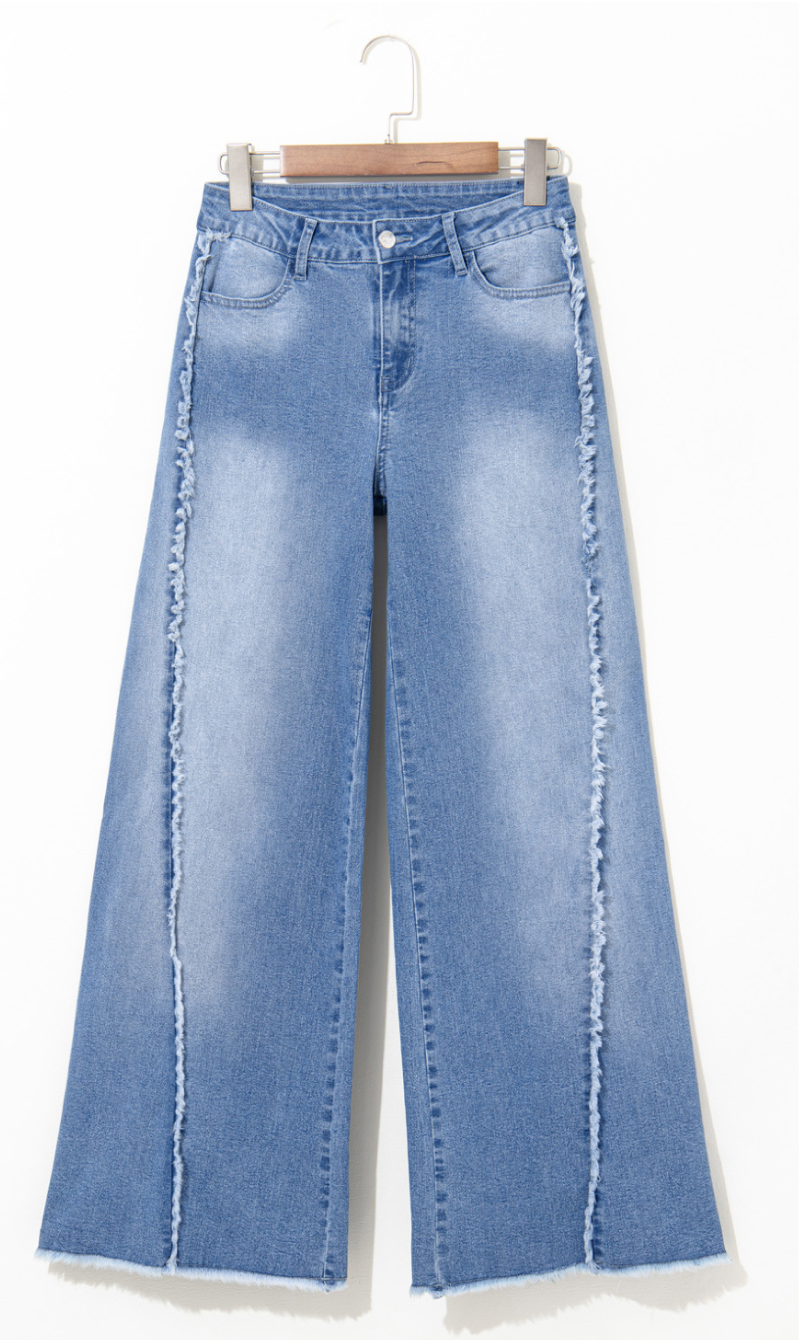 Beau Blue Vintage Stitching Raw Hem Flared Jeans