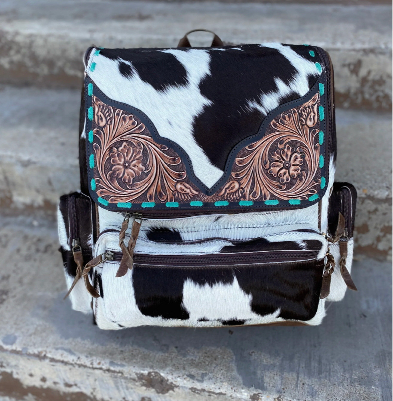 TOOLED LEATHER & COWHIDE BACKPACK