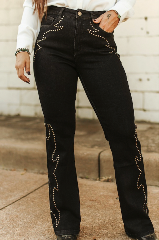 Black Boot Stitch Studded High Rise Bootcut