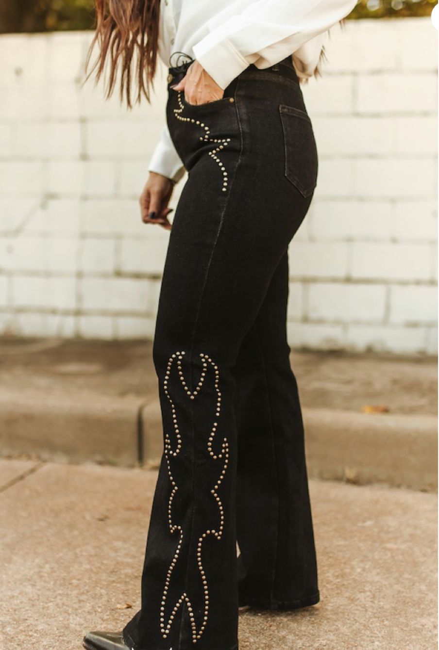 Black Boot Stitch Studded High Rise Bootcut