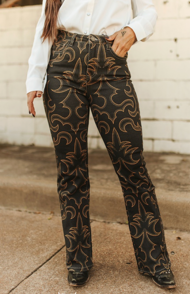 Black Camel Boot Stitched Printed High Rise Trouser Jeans