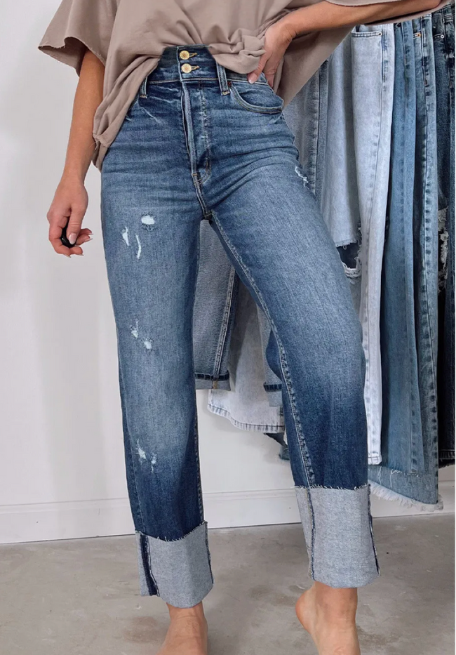 Blue High Waist Distressed Straight Leg Jeans