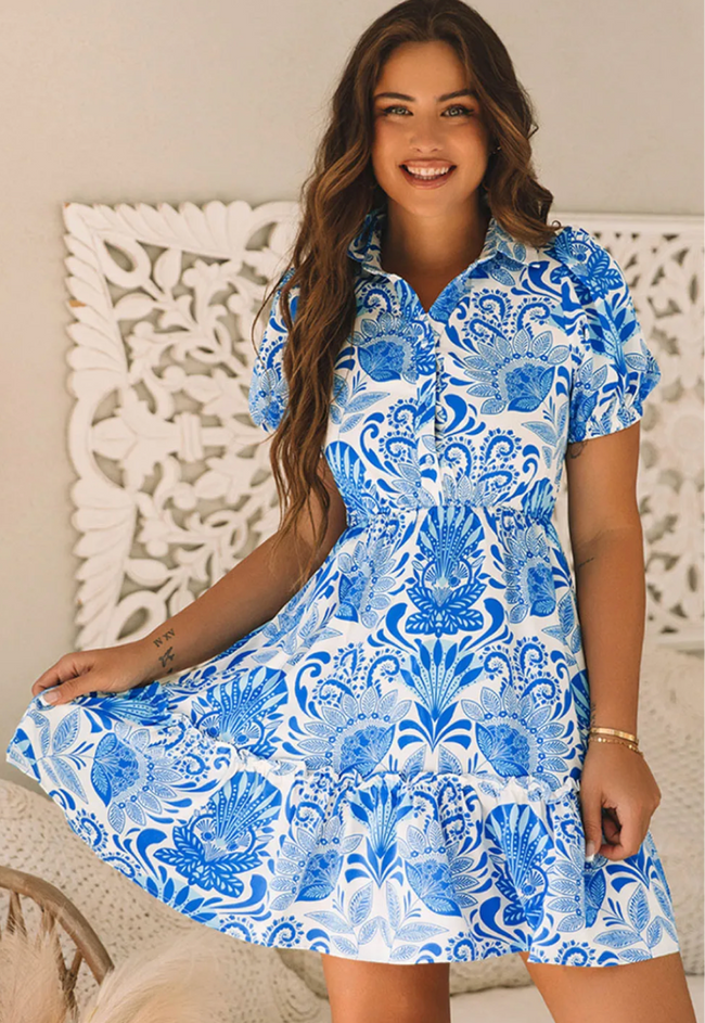 Sky Blue Retro Floral Print Drawstring Waist Ruffled Mini Dress