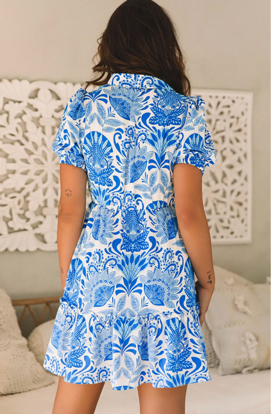 Sky Blue Retro Floral Print Drawstring Waist Ruffled Mini Dress
